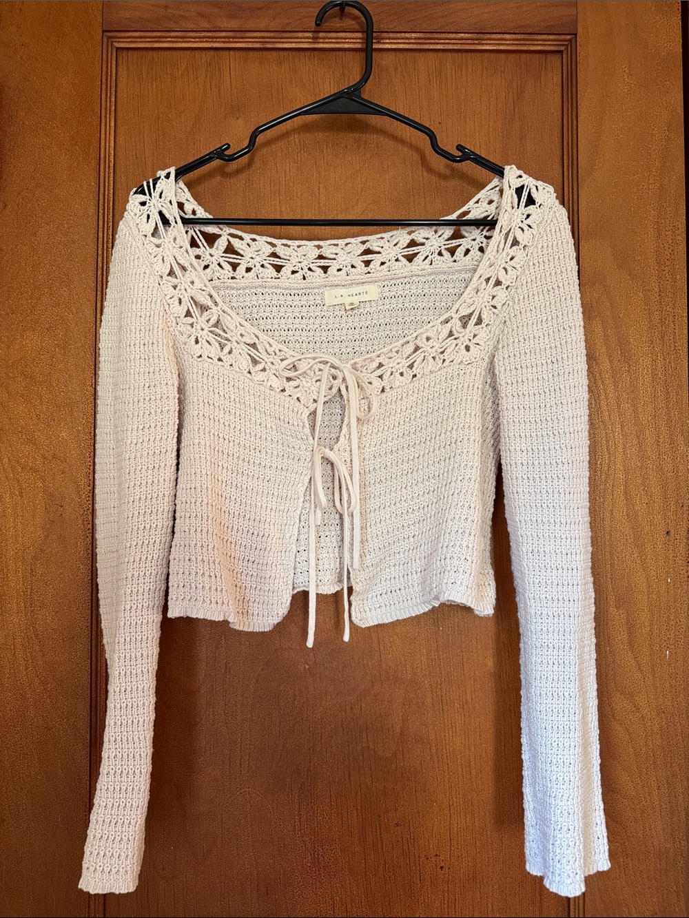 La Hearts Crochet Tie-Front Sweater - Cream 100& Cotton